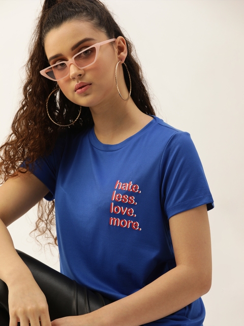 DressBerry Women Navy Blue Printed Round Neck T-shirt