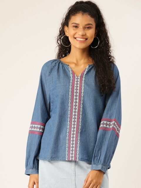 DressBerry Women Blue & Coral Pink Embroidered Detail Chambray Top