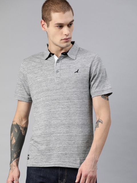 American Crew Men Grey Melange Solid Polo Collar T-shirt