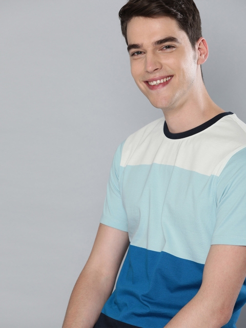 Mast & Harbour Men Blue & White Colourblocked Round Neck T-shirt