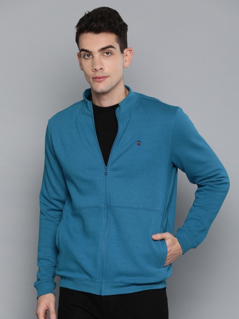 Louis Philippe Sport Men Teal Blue Solid Front-Open Sweatshirt