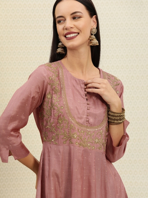 House of Pataudi Women Mauve & Gold-Toned Printed A-Line Kurta With Embroidered Detailing
House of Pataudi Women Mauve & Gold-Toned Printed A-Line Kurta With Embroidered Detailing