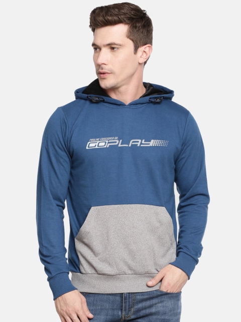 Proline Active Men Blue & Grey Printed Hooded Sweatshirt