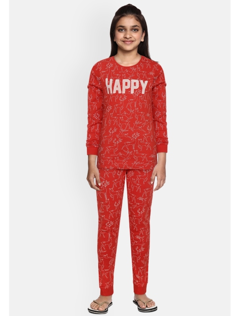 Marks & Spencer Girls Coral Orange & White Conversational Printed Night suit