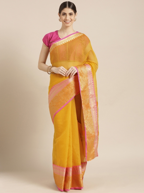 Blissta Mustard Yellow Cotton Blend Solid Kota Saree