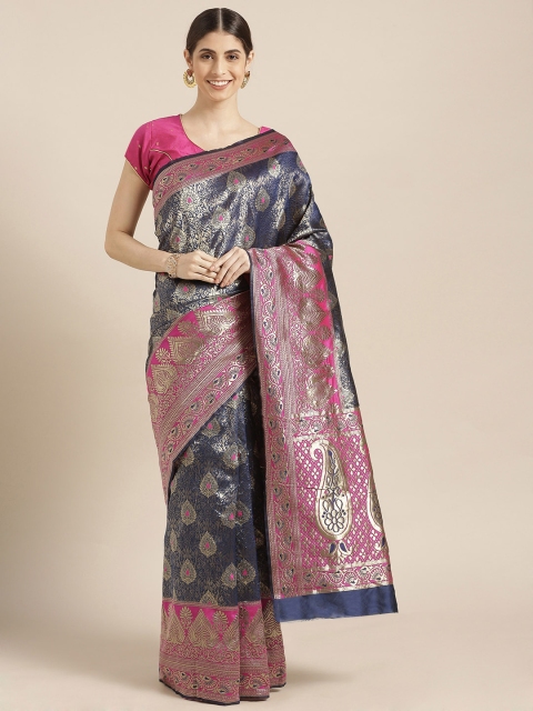 Mitera Navy Blue & Gold-Toned Silk Blend Woven Design Kanjeevaram Saree
