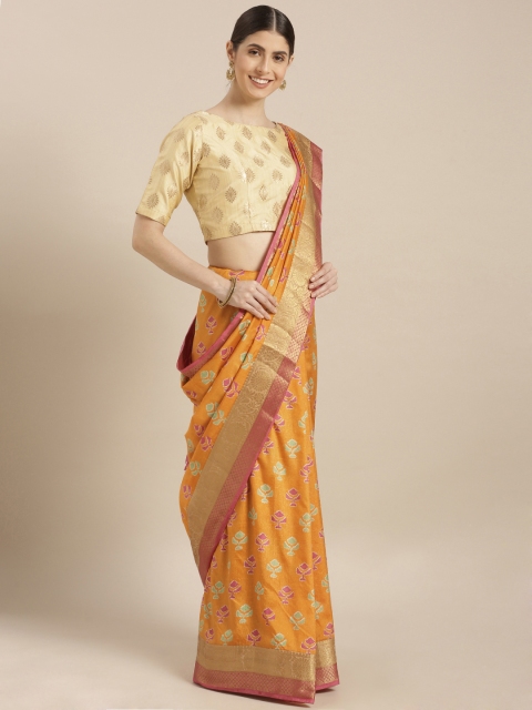 GoSriKi Yellow Viscose Rayon Printed Chanderi Saree