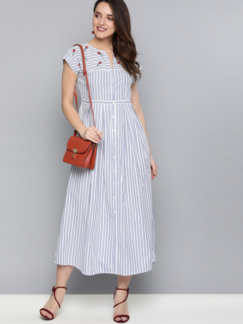 HERE&NOW Women White & Blue Striped Fit and Flare Dress With Embroidered Detail
HERE&NOW Women White & Blue Striped Fit and Flare Dress With Embroidered Detail
