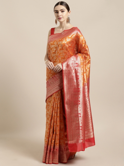 Saree Swarg Orange Silk Blend Woven Design Banarasi Saree