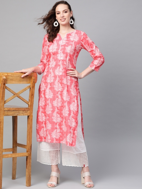 AHIKA Women Pink & White Printed Straight Kurta