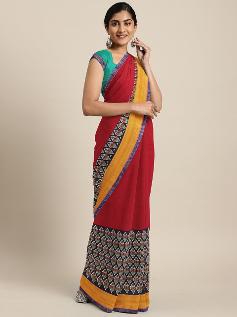 Triveni Red & Navy Blue Poly Georgette Printed Saree