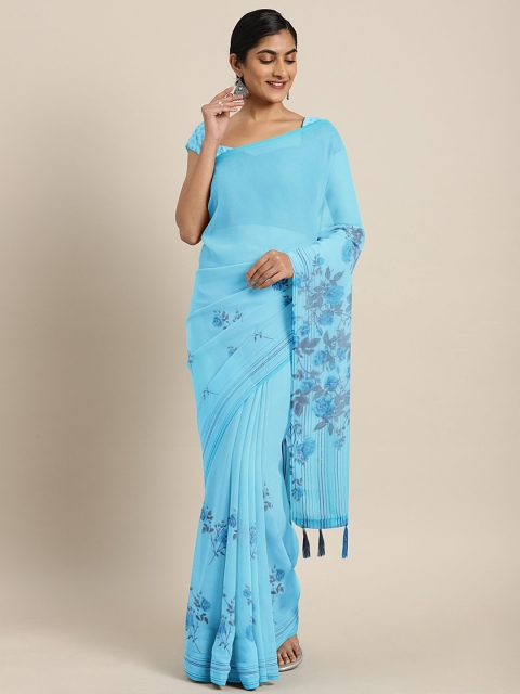 Triveni Blue Printed Poly Georgette Saree