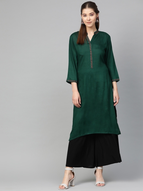 Jompers Women Green Solid Straight Kurta