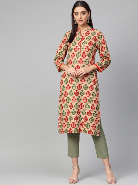 Jompers Women Beige & Red Printed Straight Kurta