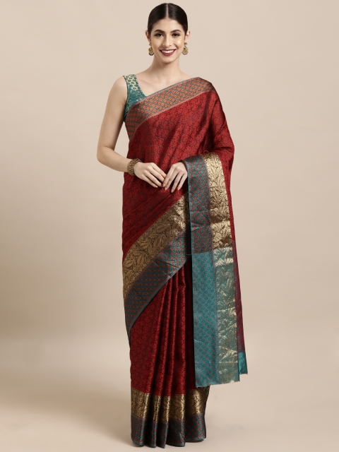 Satrani Maroon Silk Blend Woven Design Banarasi Saree