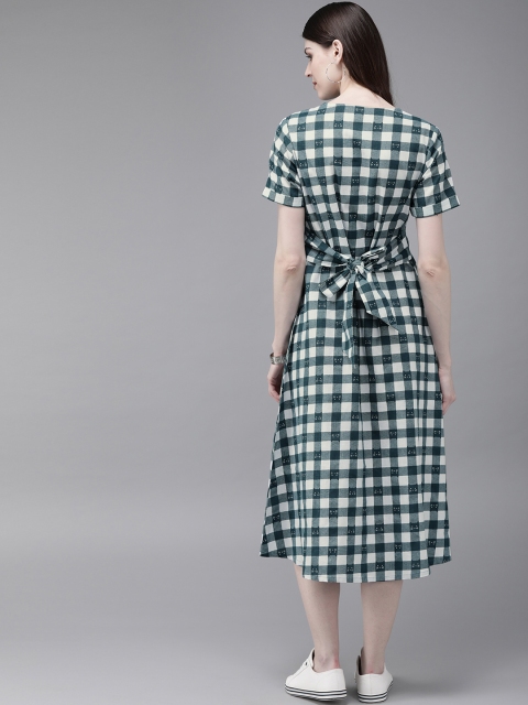 Anouk Women White & Green Checked A-Line Dress