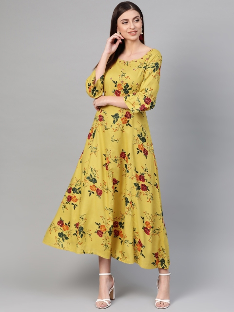 ANAISA Women Mustard Yellow & Red Printed Maxi Dress