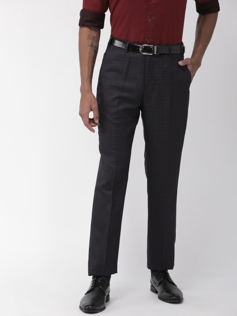 Park Avenue Men Navy Blue Smart Fit Checked Regular Trousers