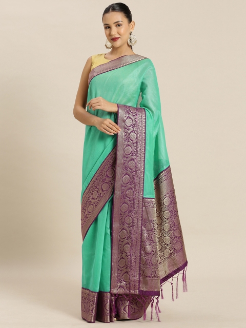 Mitera Teal Green Cotton Blend Solid Banarasi Saree