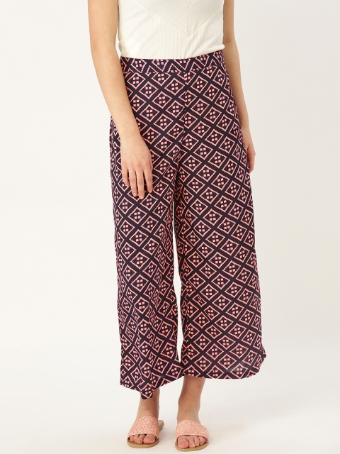 MBE Women Navy Blue & Pink Printed Cropped Straight Palazzos
