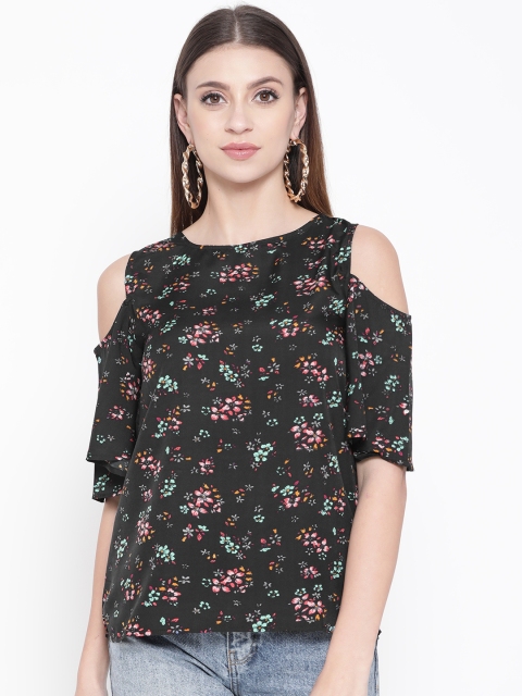 MsFQ Women Black & Pink Printed Cold Shoulder Top
