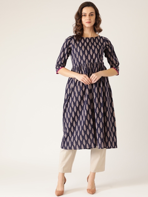Rustorange Women Navy Blue & Beige Printed A-Line Kurta