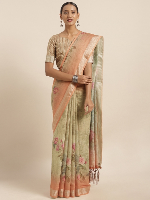 V SALES Beige Printed Linen Blend Saree