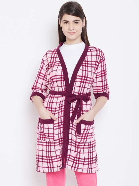 Kanvin Off-White & Burgundy Fleece Checked Nightwear Robe