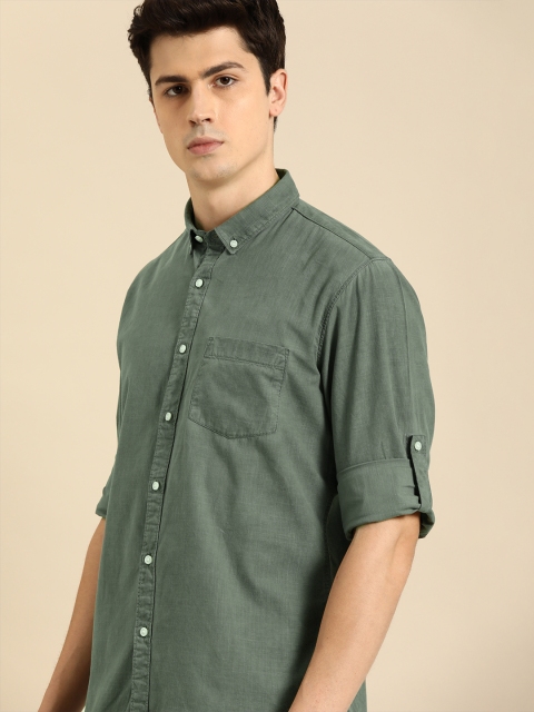 ether Men Olive Green Regular Fit Solid Casual Shirt