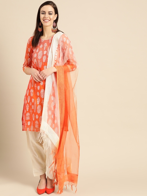IMARA Women Orange & Beige Printed Kurta with Salwar & Dupatta