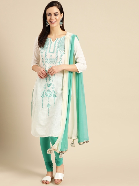 IMARA Women White & Green Printed Kurta with Churidar & Dupatta