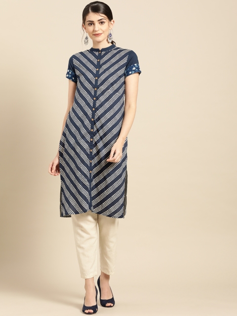 IMARA Women Navy Blue & White Striped Straight Kurta