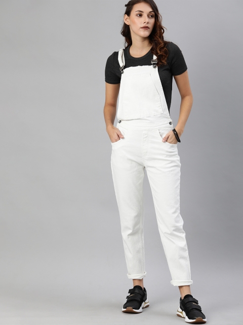 The Roadster Lifestyle Co Women White Solid Boyfriend Fit Cropped Dungaree