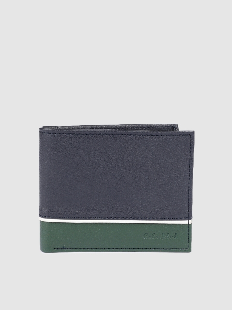 ColorPlus Men Navy Blue & Green Solid Two Fold Leather Wallet