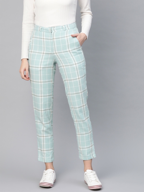 I AM FOR YOU Women Blue & White Tailored Fit Checked Regular Trousers