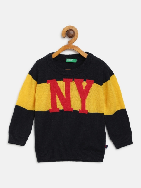 United Colors of Benetton Boys Black & Mustard Yellow Self-Design Pullover Sweater