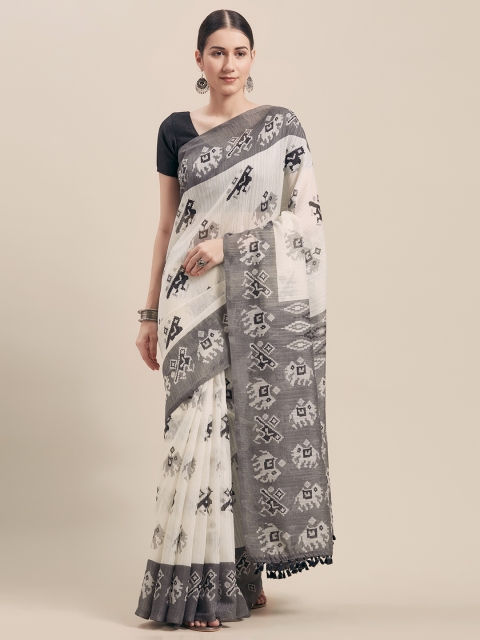 Rajnandini Off-White & Grey Cotton Blend Printed Saree