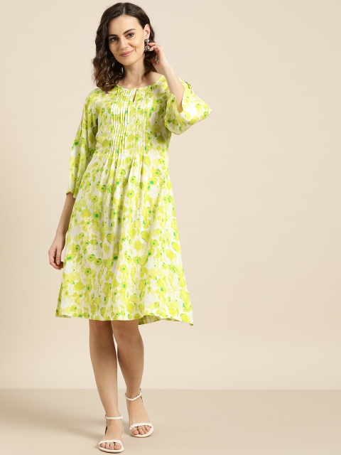 Sangria Women Lime Green & Off-White Printed A-Line Dress