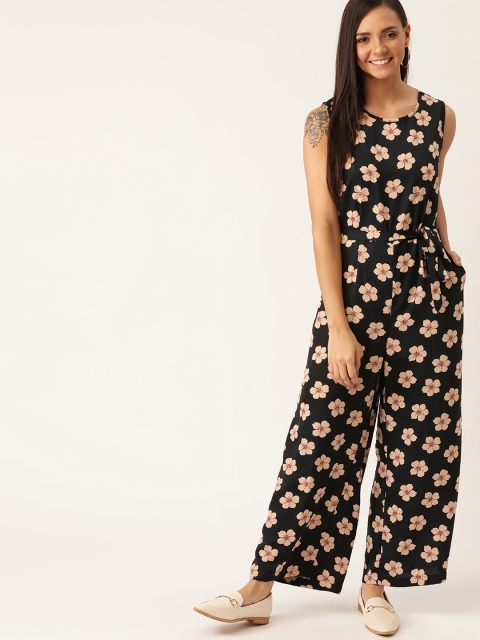 DressBerry Women Black & Beige Floral Printed Basic Jumpsuit
