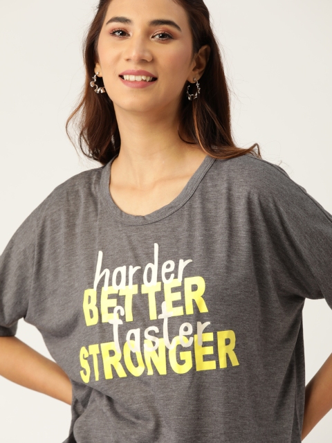 DressBerry Women Charcoal Grey & Yellow Typography Printed Round Neck T-shirt