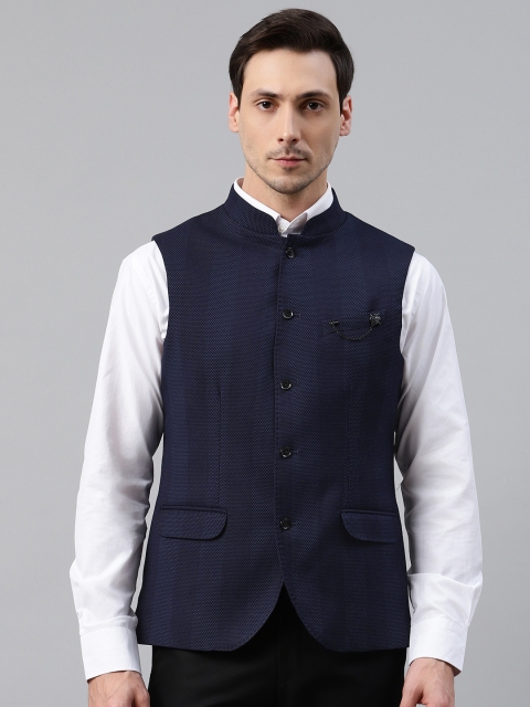 Blackberrys Men Navy Blue Slim Fit Woven Design Smart Casual Nehru Jacket with Brooch
Blackberrys Men Navy Blue Slim Fit Woven Design Smart Casual Nehru Jacket with Brooch