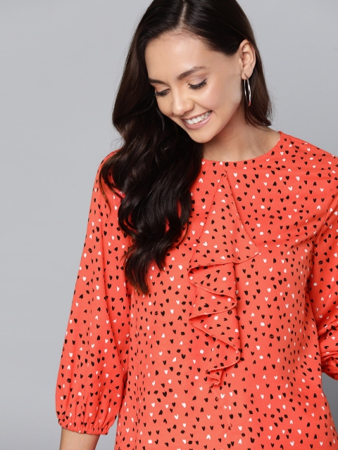 Mast & Harbour Women Coral Orange & Red Printed Top