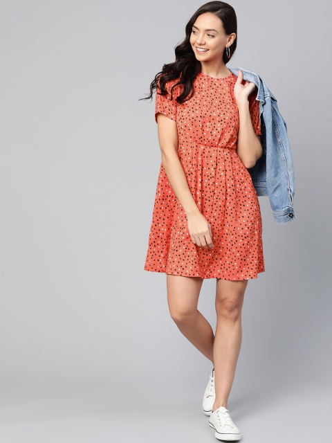 Mast & Harbour Women Coral Orange & Black Printed A-Line Dress