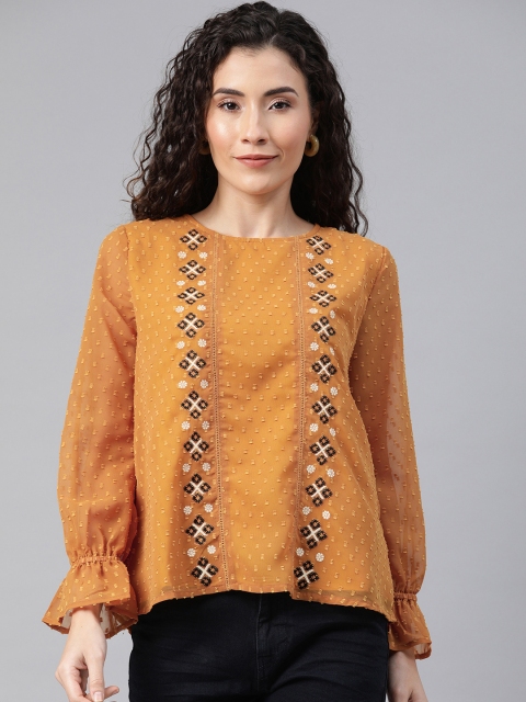 Chemistry Women Mustard Yellow Self Design Top