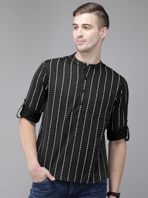 Anouk Men Black & White Striped A-Line Kurta