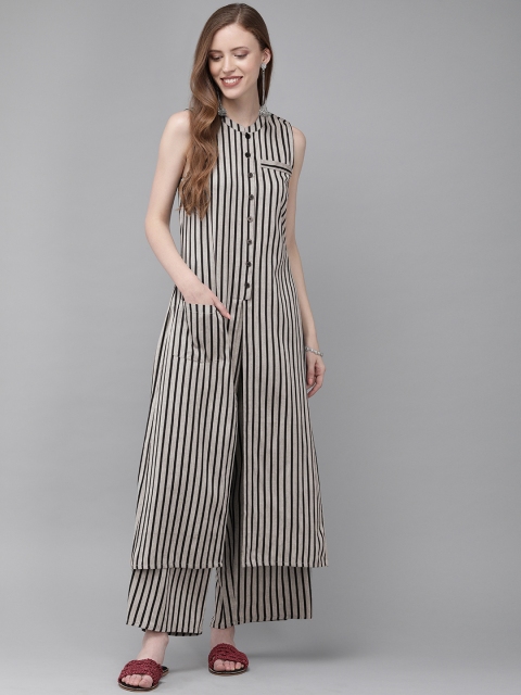 Anouk Women Grey & Black Striped Kurta with Palazzos