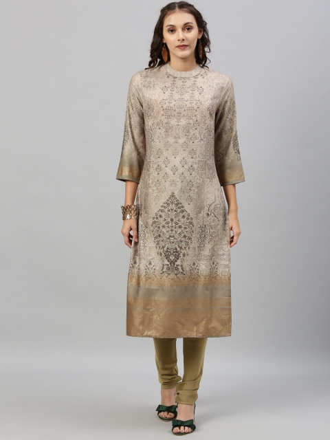 Anouk Women Beige & Gold-Toned Printed Kurta with Churidar