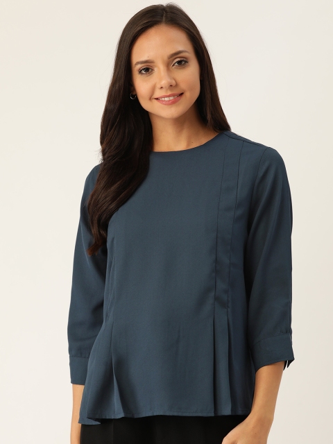 her by invictus Women Navy Blue Pleated Solid Top