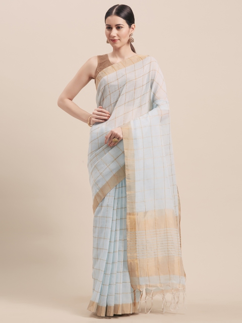 Viva N Diva Blue & Gold-Coloured Linen Blend Checked Saree