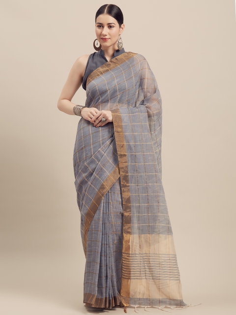 Viva N Diva Grey & Gold-Coloured Linen Blend Checked Saree